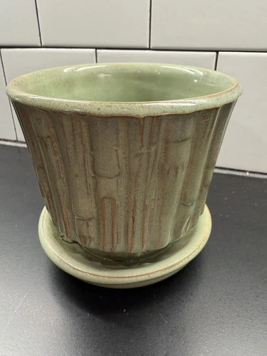 Vintage McCoy Bamboo Planter Pot with Saucer Green Brown 0372