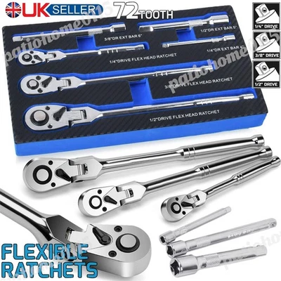ISWEES 6 Pcs 1/4" 3/8" 1/2" Flex Head Ratchet Set 72 Tooth 180° Adjustable Drive Swivel