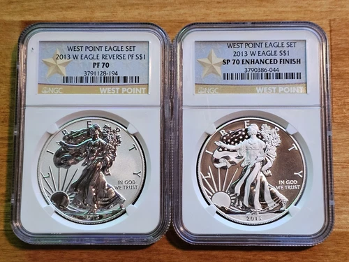 2013 W REVERSE PROOF SILVER EAGLE NGC PF70 & ENHANCED SP70 2 COIN WEST POINT SET