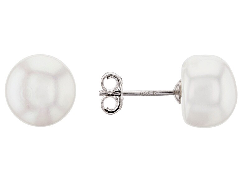 NWT 10MM White Cultured Freshwater Pearl Rhodium Over SS Stud Earrings