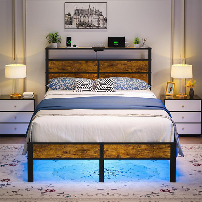 Stylish Black Metal Bed Frame with USB, LED Lights & Headboard Storage