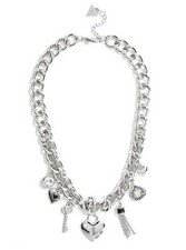 GUESS SILVER TONE,WOVEN CHAIN HEART,CRYSTALS,LOCK,KEY,CLUSTER,TASSEL,NECKLACE