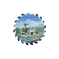Hand Painted Circular Saw Blade 6  Farm Scene, House, Barn Windmill and Outhouse