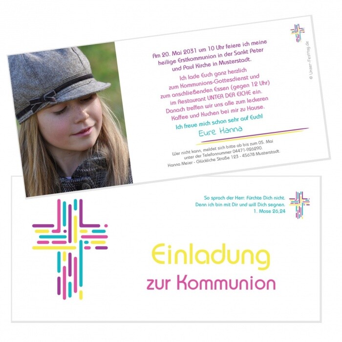 Einladungskarten Kommunion Einladungen Mädchen mit Foto modern - Wunschtext TOP