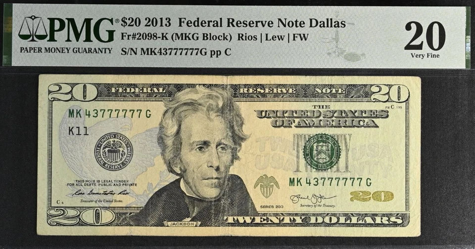 2013 $20 Federal Reserve Note - PMG 20  - Fancy Serial Number  43777777 - Image 2 of 3