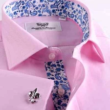 Pink Herringbone Classic Business Dress Shirt With Paisley, French Double Cuffs