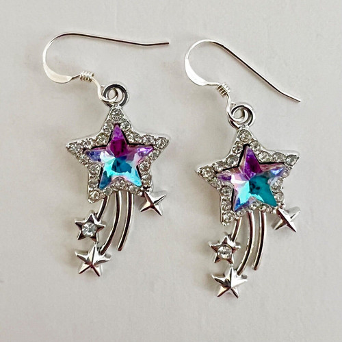 *IAJ* Silver Plated Aqua Crystal Meteor Stars w/ Sterling Silver Earrings