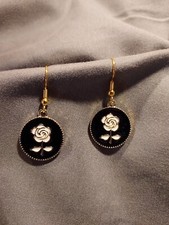 Rose dangle earrings, enamel, gold plated, handcrafted new