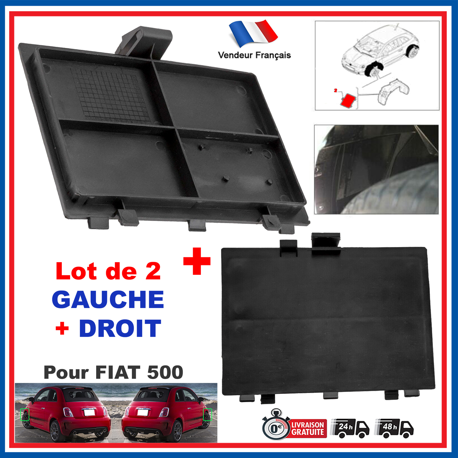 Cache obturateur de pare-boue avant FIAT 500 pour remplacement trappe phare perdue x2