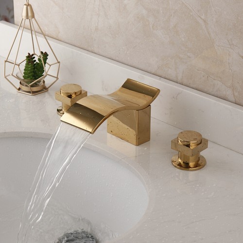 3 PCS Waterfall Spout Gold Bathroom Basin Sink Mixer Faucet Taps Deck Mounted - Picture 6 of 8