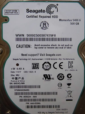 500 GB Seagate ST9500325ASG / 9KAG34-500 / 0001SDM1 / WU / 100565308 Rev A * 