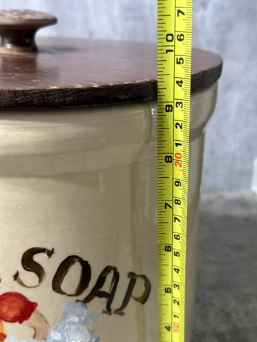 Vintage USA Ceramic 2 Gallon Crock Hand Painted Laundry Soap With Wood Lid - Picture 7 of 8