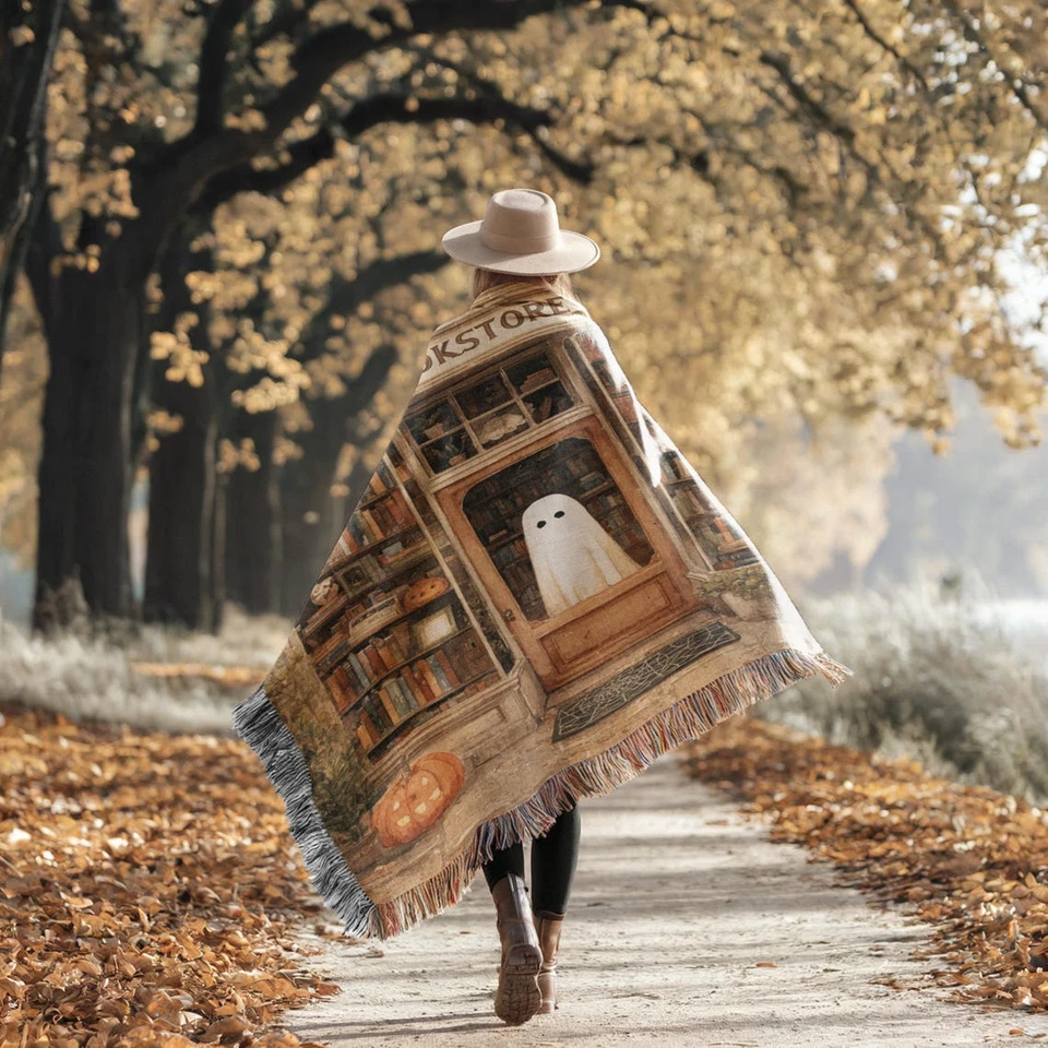 Halloween Ghostly Book Lover Woven Blanket Cozy BookTok Home Decor - Image 4 of 4