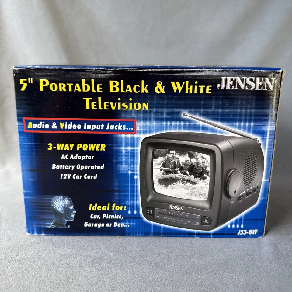 NEW Jensen J53-BW 5" Portable Black/White TV CRT AM FM Radio Car Adapter Camping - Image 2 of 4