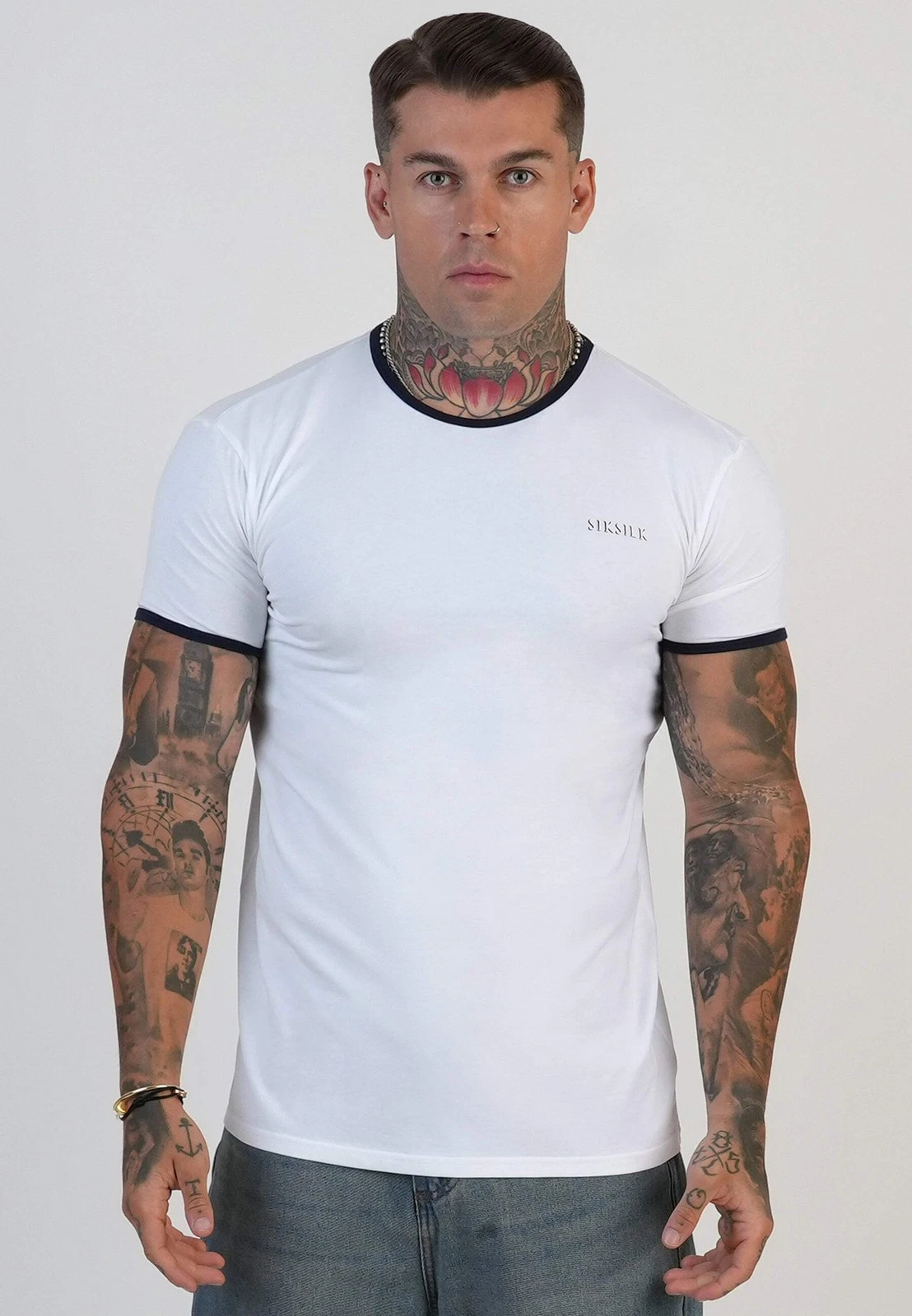 SikSilk Men's Muscle Fit Crew Neck Short Sleeved Ringer T-Shirt Tee White and Na