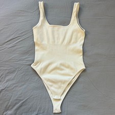 OQQ Sleeveless Thong Bodysuit Women's Size Medium Cream Ribbed Square Neck Nylon
