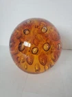 Amber Murano Art Glass Sphere Interior Bubbles Mid Century Paperweight. 5"