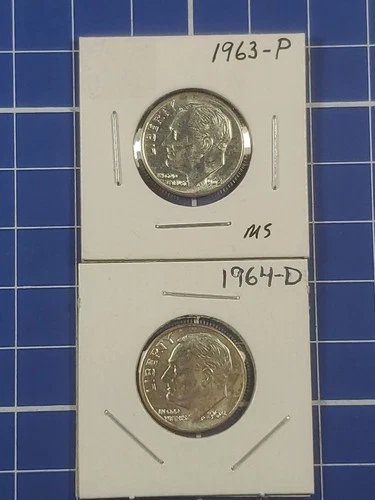 1963-P, 1964-D 10C Silver Roosevelt Dimes BU