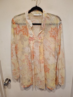 Susan Graver Sheer Yellow Paisley Print Popover Top M Casual Career Lightweight 