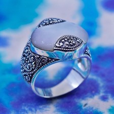 Size 8.25, vintage Sterling 925 silver handmade ring with moonstone marcasite