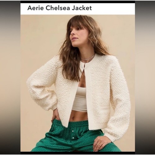 Aerie Chelsea Jacket Cream Boucle Balloon Sleeve Popcorn Yarn Womens Large