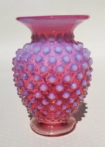 Vintage FENTON Cranberry Opalescent Hobnail Mini Vase