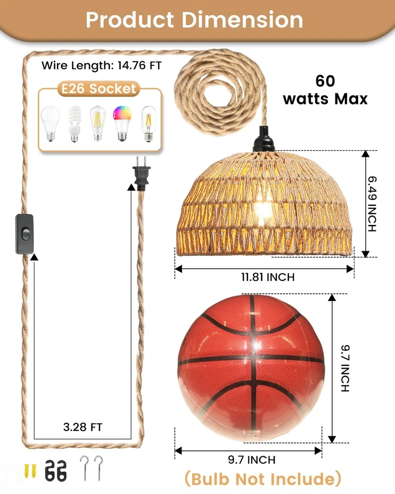 Lámpara colgante de ratán, luces colgantes Boho, cable enchufable colgante luz de ratán, plu... Foto 3 de 4