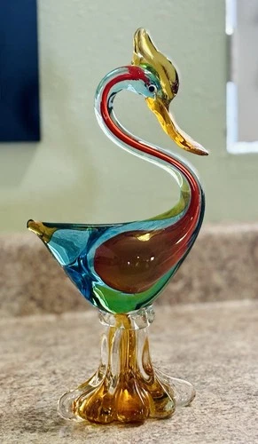 Vintage Murano Glass Swan 13.5 Inches Tall Hand Blown Sculpture Art Glass