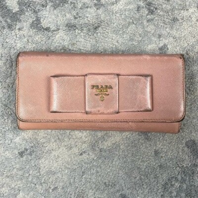 Prada Pink Saffiano Leather Bow Continental Long Wallet Detachable ID  Holder