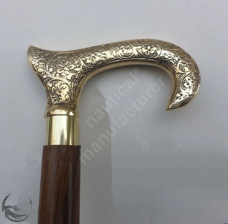 Bastón de madera marrón mango cabeza derby latón macizo nuevo diseñador hecho a mano Foto 4 de 4