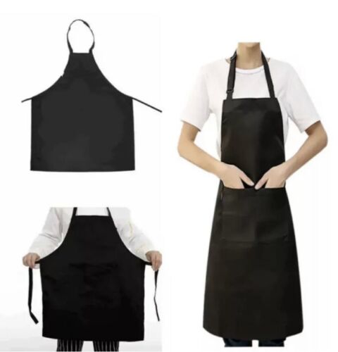 Black Chef Apron Kitchen Waterproof Pocket Cooking Catering Butcher Unisex Gowns - Picture 2 of 4