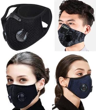 Face Mask w Active Carbon Filter Breathing 2 Valve Washable +4 Filters: 2 Styles
