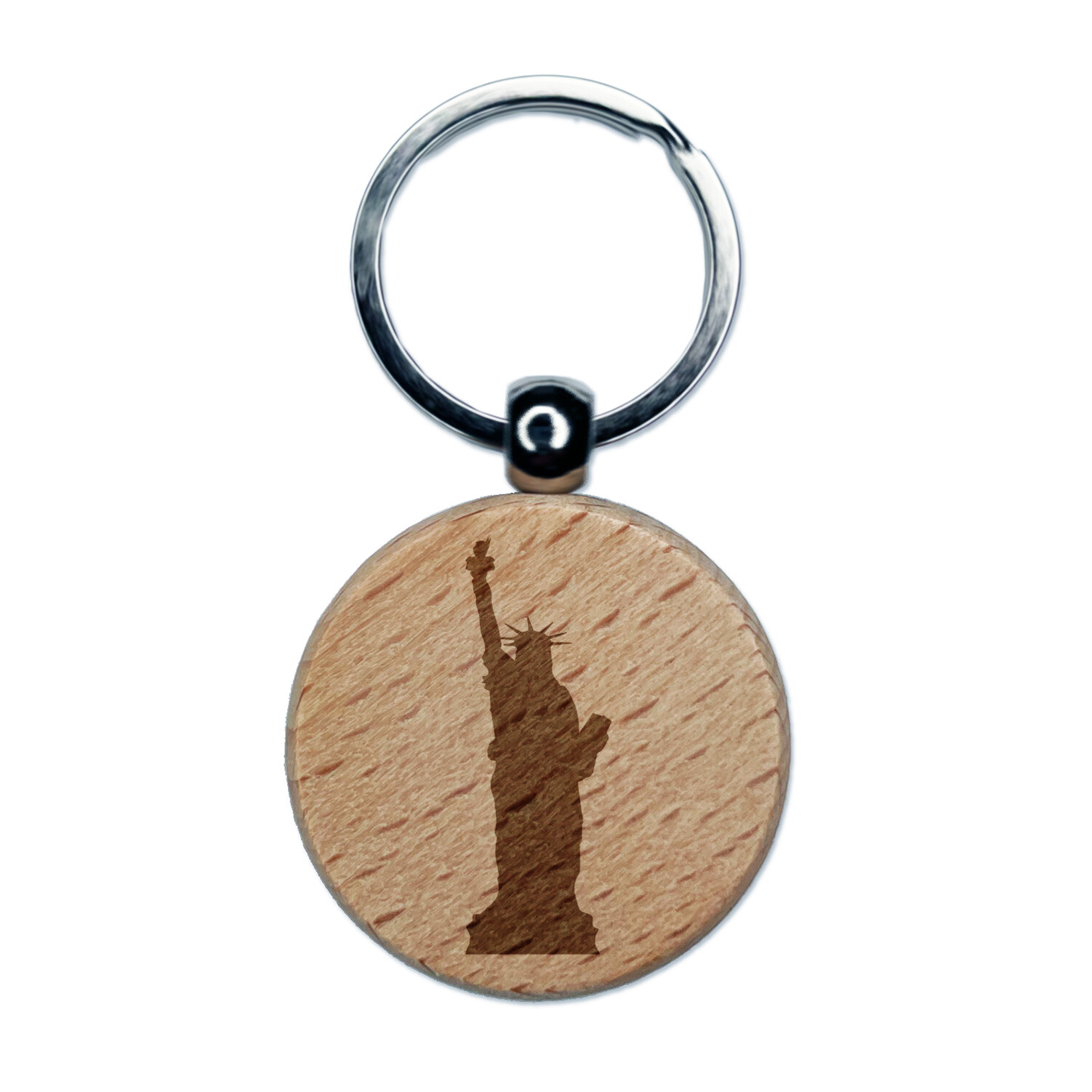 Statue of Liberty Solid Engraved Wood Round Keychain Tag Charm