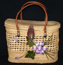 VTG Woven Wicker Rattan Straw Handbag Tote Purple Flower Purse Bag Boho FLAW-SU