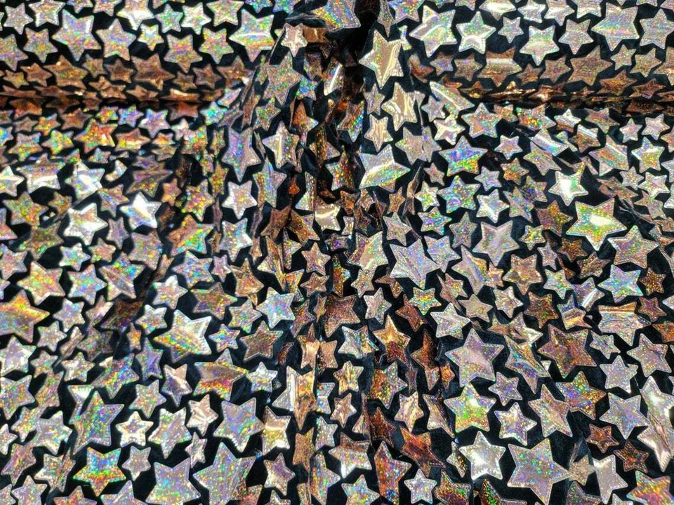 Tela vendida por yarda oro rosa iridiscente estrellas brillantes lentejuelas sobre terciopelo negro Foto 2 de 4