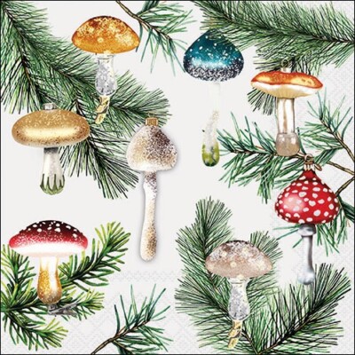 20 Servietten Mushroom Ornaments white Pilzanhänger Christbaum Glitzer 33x33cm