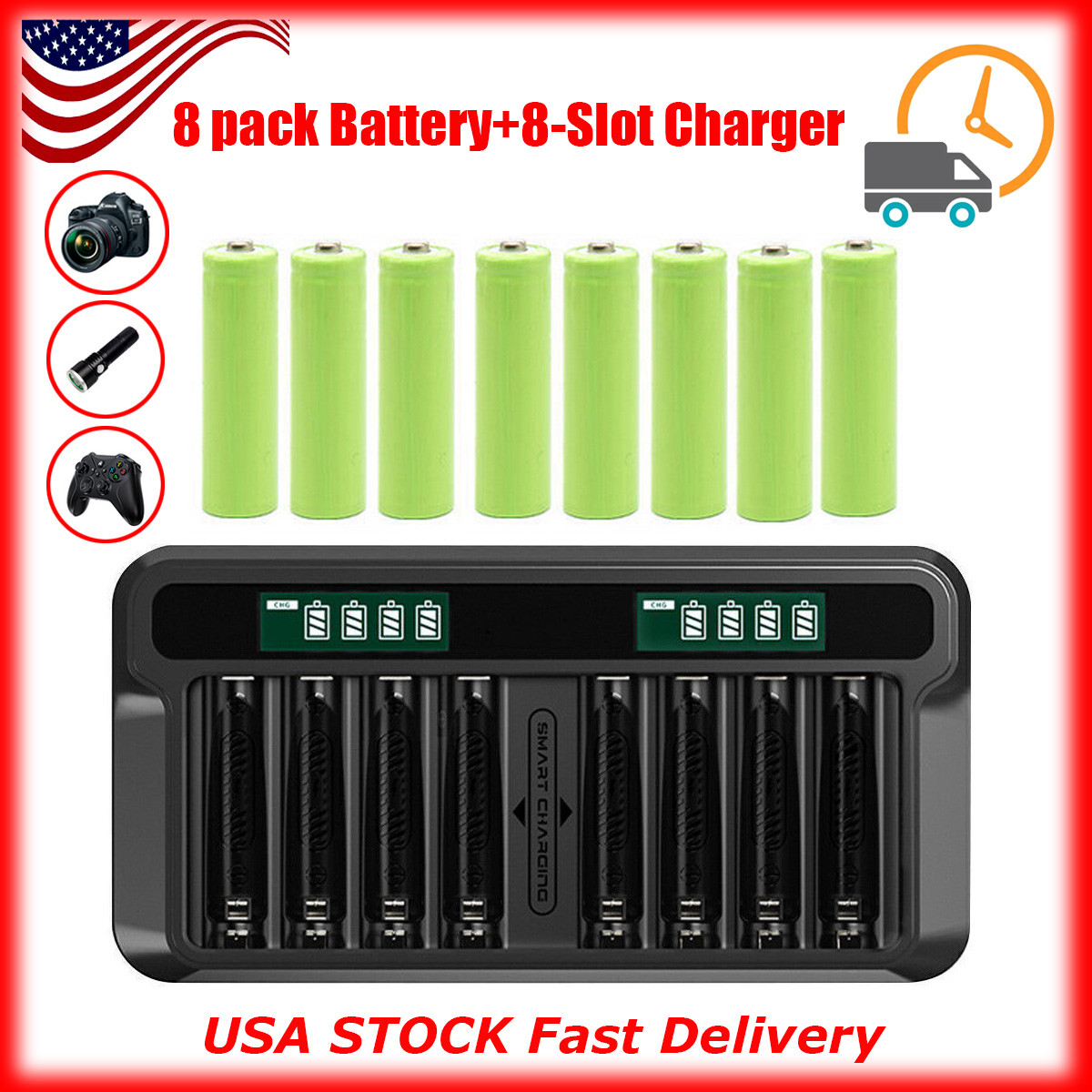 8Pack AA Rechargeable Batteries+8-Slot USB Charger 1.2V Ni-Mh 3800mAh Generic US-image