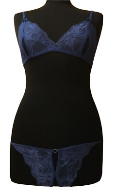 Blue Floral Lace Balconette Peephole Bra & G-String (34C/10)