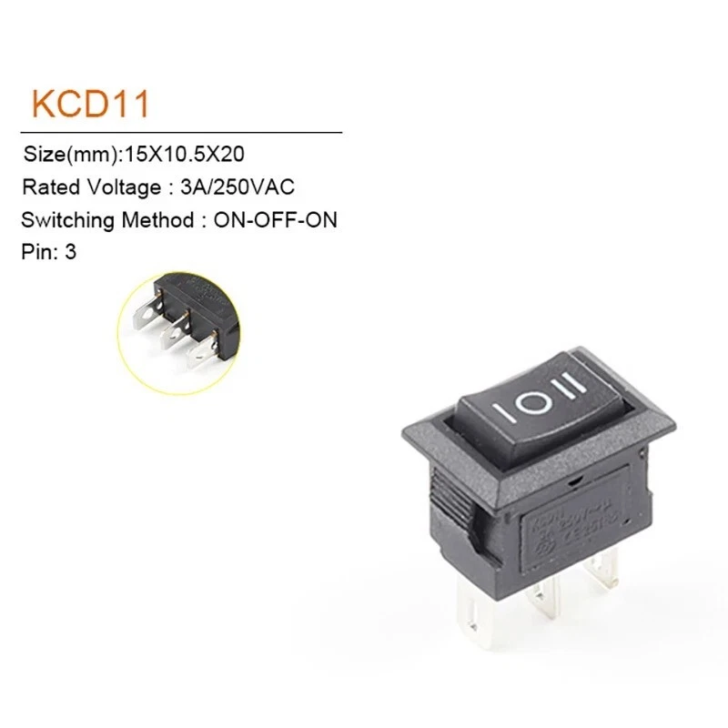 MINI Rocker Switch 3-PIN ON-OFF-ON SPDT 125VAC/6A 250VAC/3A Black 2/5/10 Pieces - Image 4 of 4