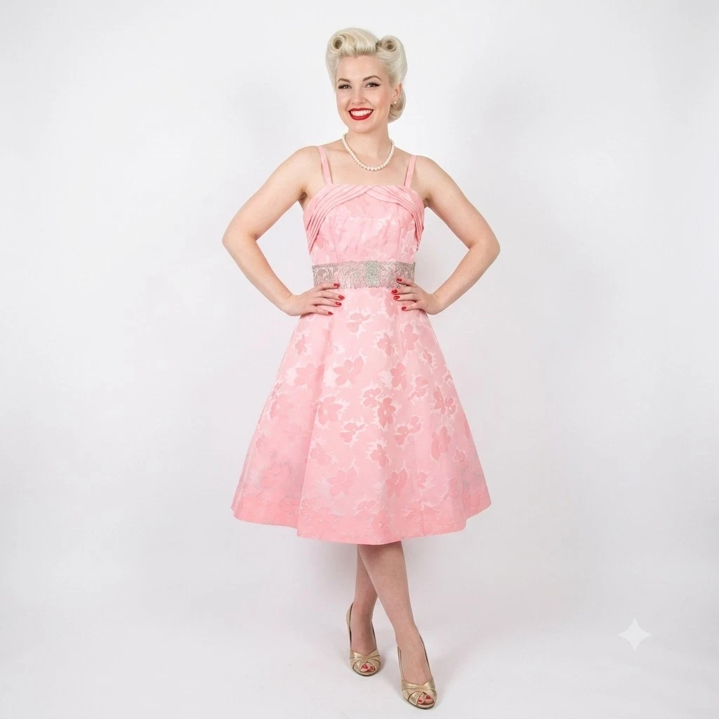 1950s prom dress ebay Vintage 1950s XS Pink Tulle Prom Dress Strapless Lace Waist Rhinestone Gown