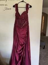 Womens burgundy wine formal halter train open back slit prom evening gown
