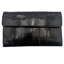 Vintage Genuine Eel Skin Leather Checkbook Wallet Clutch Black Snap Zip 7"