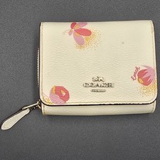 COACH C6041 Trifold Wallet Floral Print Ivory Coated Canvas Beige Leather