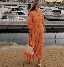 SALE!❤️ZARA NEW BELTED EYELET EMBROIDERED MIDI DRESS 100% COTTON ORANGE sz S