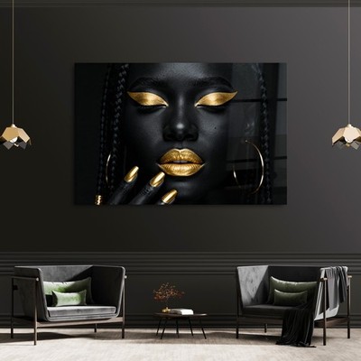   Mode schwarze Frauen Bild, gold Make-up Wandbild, Acrylglas, Leinwand, Poster