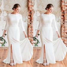 Satin Mermaid Wedding Dresses with Side Slit Long Sleeve Full Length Bridal Gown