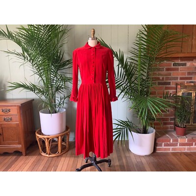 Vintage 1950s Red Cotton Velvet Full Skirt Button Bodice Long Sleeve Dress  | eBay