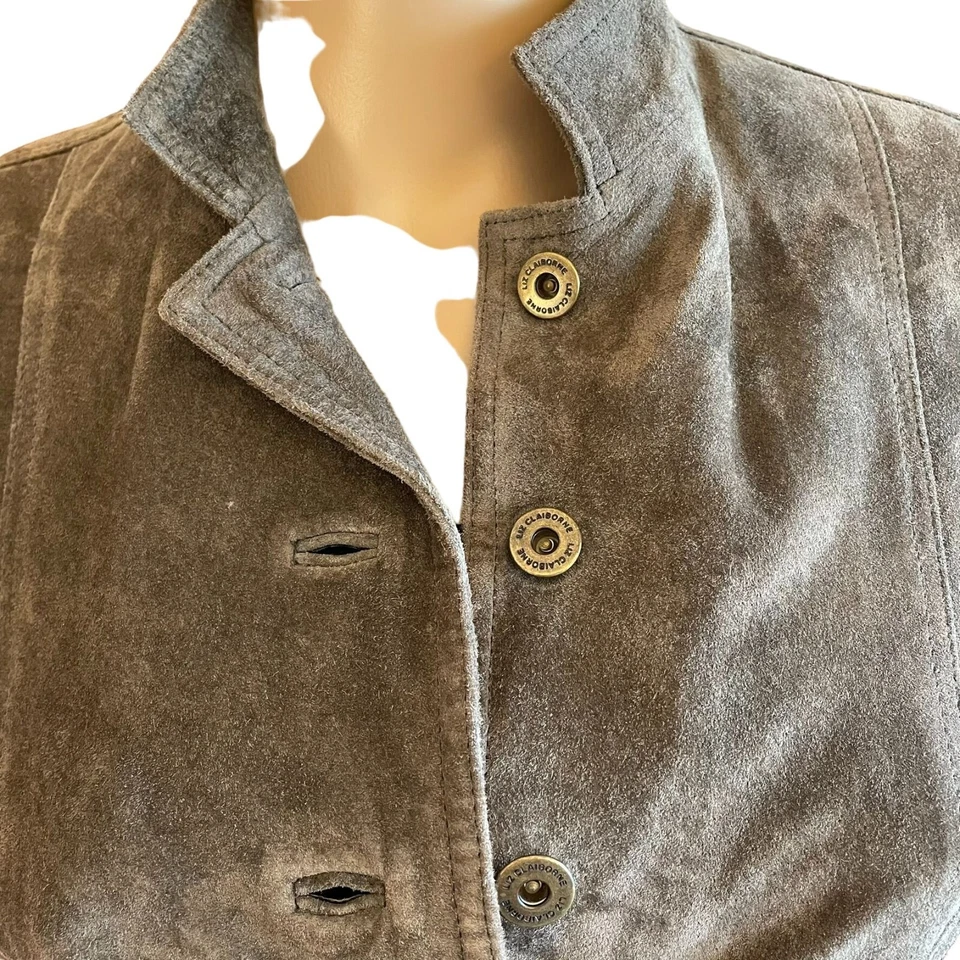 Chaqueta de gamuza Liz Claiborne Petite para mujer talla P marrón con botones forrada frontal Foto 3 de 4