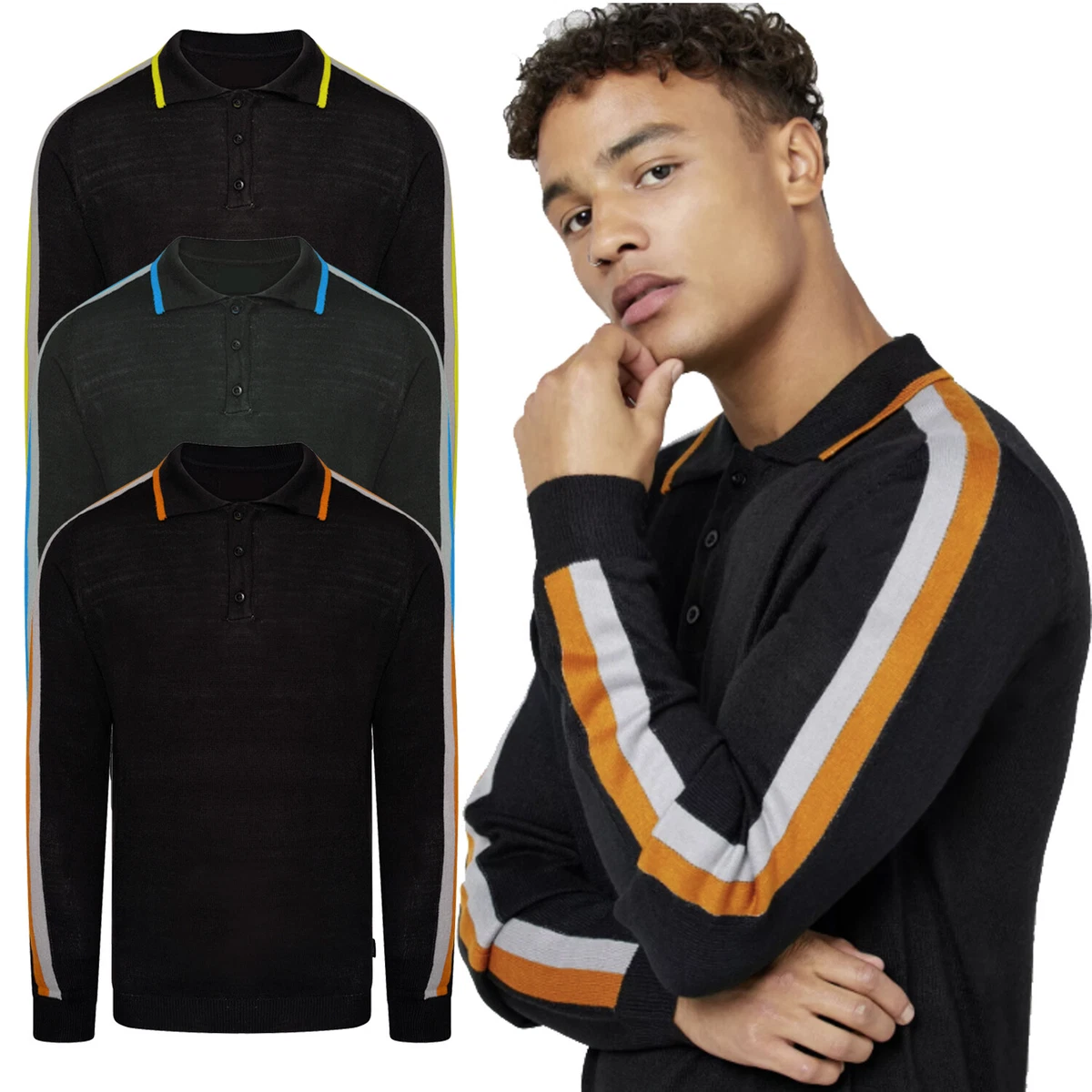 Ex Brand Mens Long Sleeve Knitwear Collared Jumper Knitted 3 Button Sweater Tops