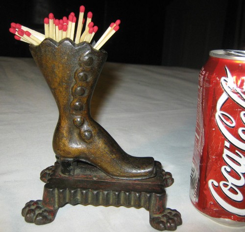 #2 ANTIQUE CAST IRON VICTORIAN CLAW FEET LADY DRESS BOOT MATCH SAFE HOLDER STAND - Picture 3 of 7
